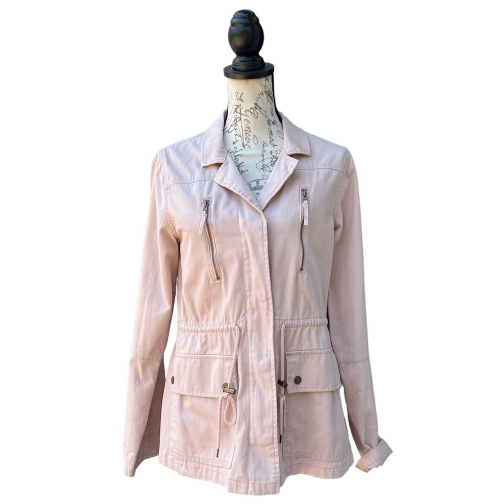 ARIZONA JEAN CO Military Jacket Pink Denim Zip Snaps Pockets Drawstring WM SZ L